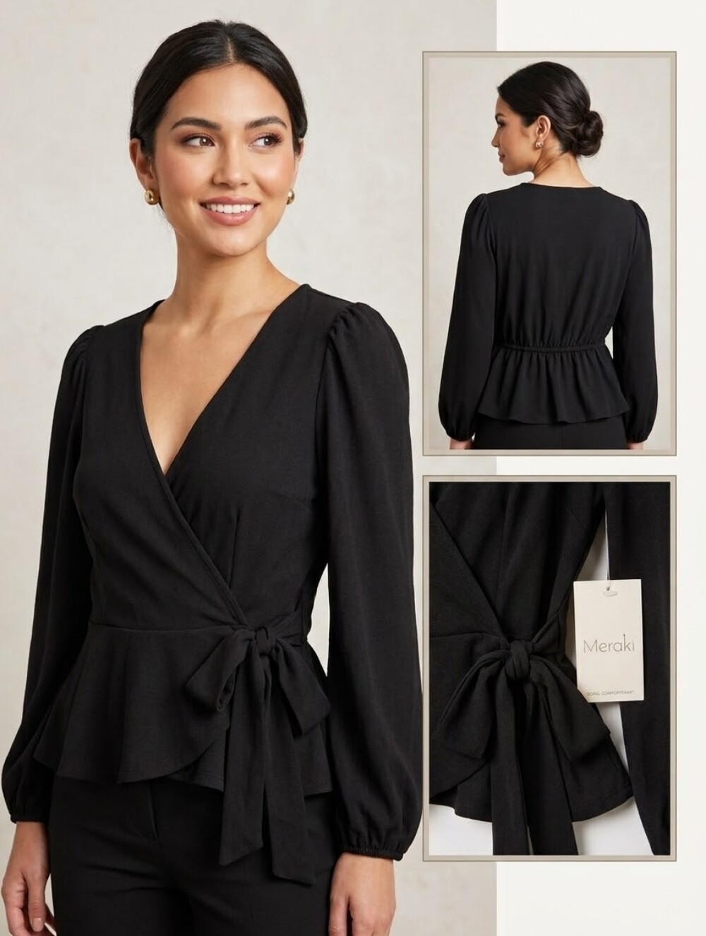 Meraki Wrap Front Long Sleeve Blouse in Black Size Small NWT